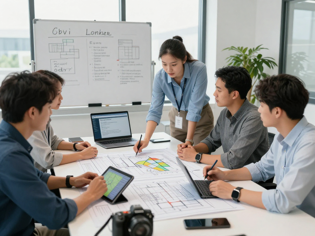 Vermessungsbüros und ÖbVI Team bei der Zusammenarbeit an Datenschutzstrategien in modernem Büro.