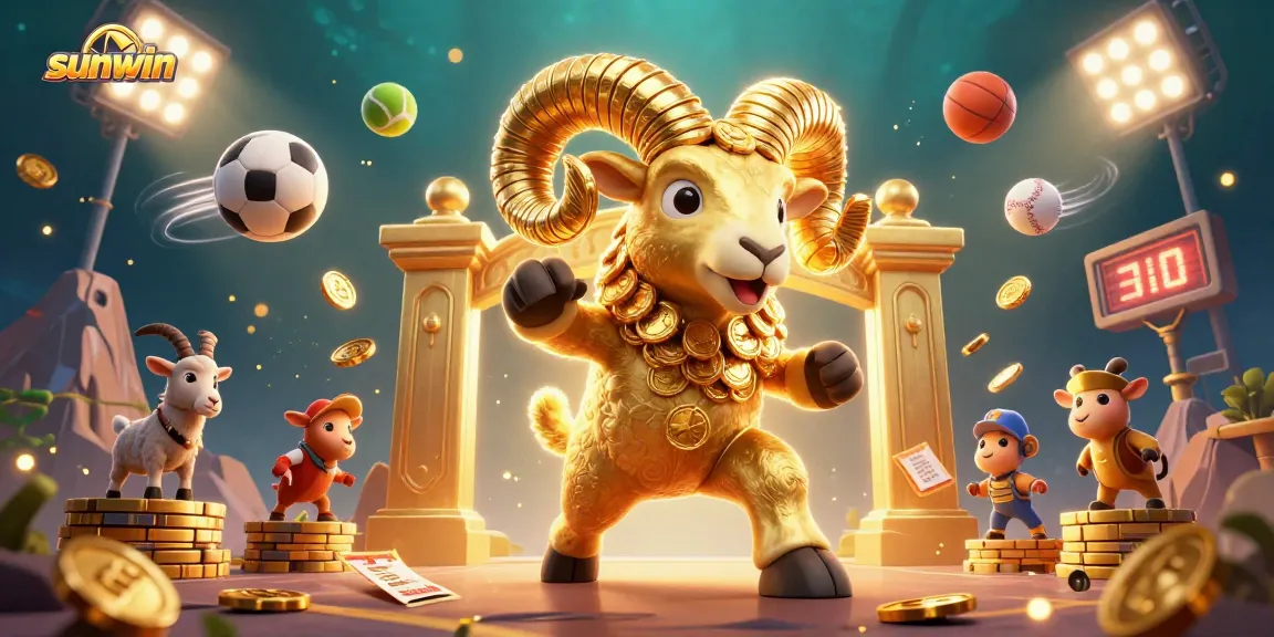 Experience the excitement with sunwin featuring a golden ram charging through a casino scene with sports elements.