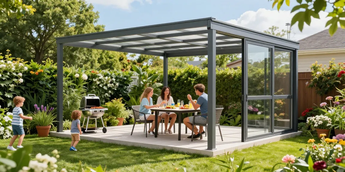 Freistehende Terrassenüberdachung mit modernem Design, unter dem Familie ein BBQ genießt.