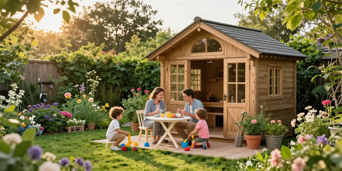 Wunderschönes Gartenhaus mit Blumen, Familie genießt die Zeit im Freien, Gartenartikel und Spielzeug sichtbar.