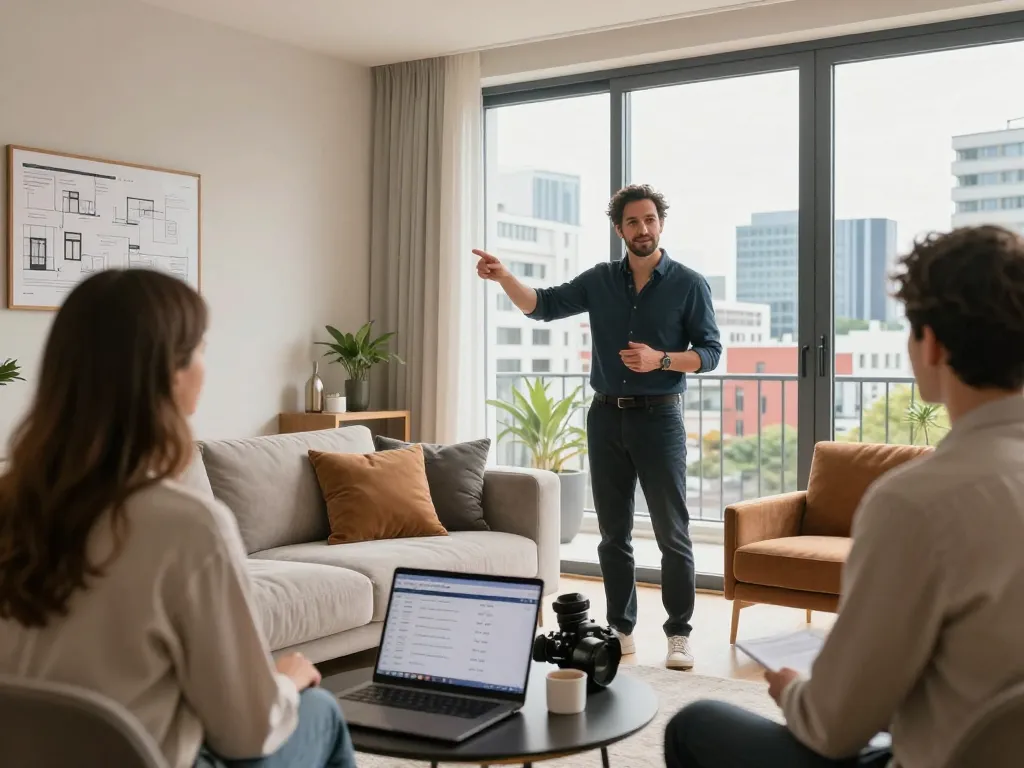 Immobilienmakler Frankfurt Dornbusch präsentiert eine Wohnung potenziellen Käufern und fängt den modernen Immobiliencharme ein.