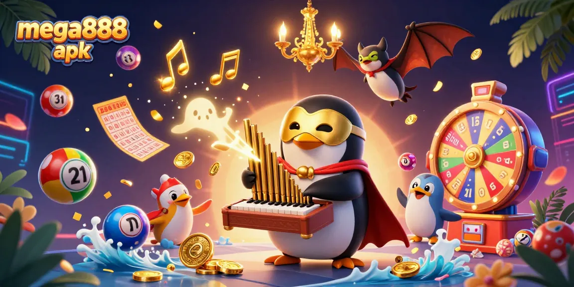 Play thrilling slots with mega888 apk in a vibrant casino scene filled with golden coins and colorful elements.