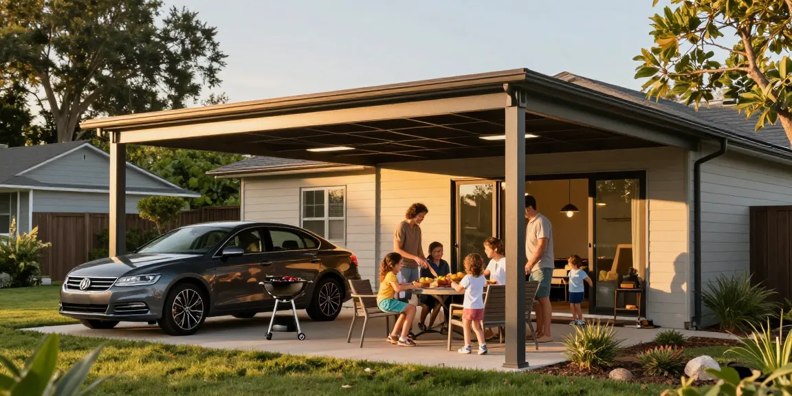 Moderner Carport als Schutz für das Auto, während eine Familie im Freien ein BBQ genießt.
