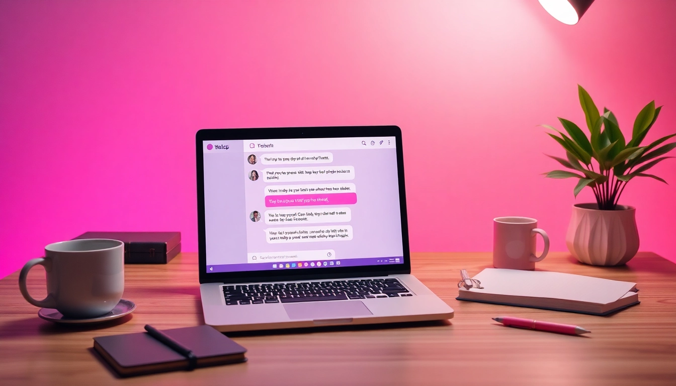 Flirty chat interface showcasing ai sexting in a trendy workspace with ambient lighting.