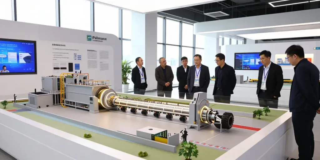 Industriemodelle Pallmann mit LED-Beleuchtung und Ausstellungsbesuchern.
