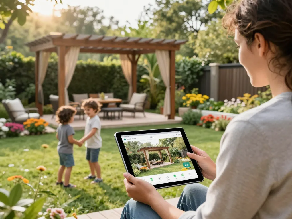 Familie beschäftigt sich mit einem Pergola-Konfigurator in ihrem Garten.