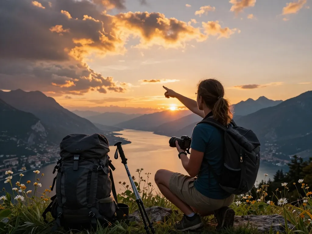 Reisender am Aussichtspunkt des Gardasees, der die Gardasee Reisetipps mit einem atemberaubenden Sonnenuntergang feiert