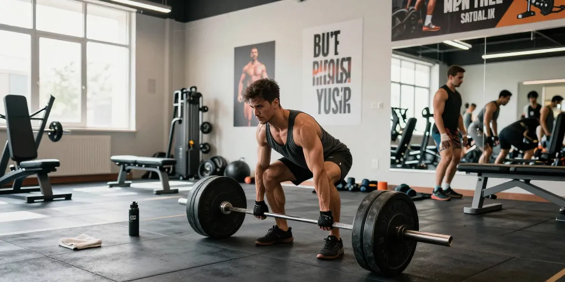 Bodybuilder im Anabolika Shop während des Trainings mit Gewichten, dynamische Fitnessszene.