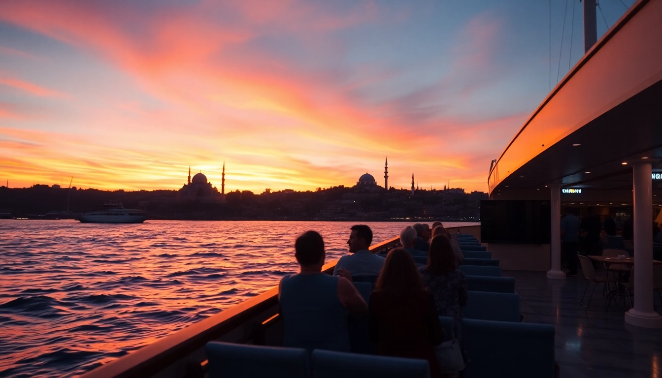 Bosphorus sunset cruise with vibrant sunset colors and iconic Istanbul landmarks in background.