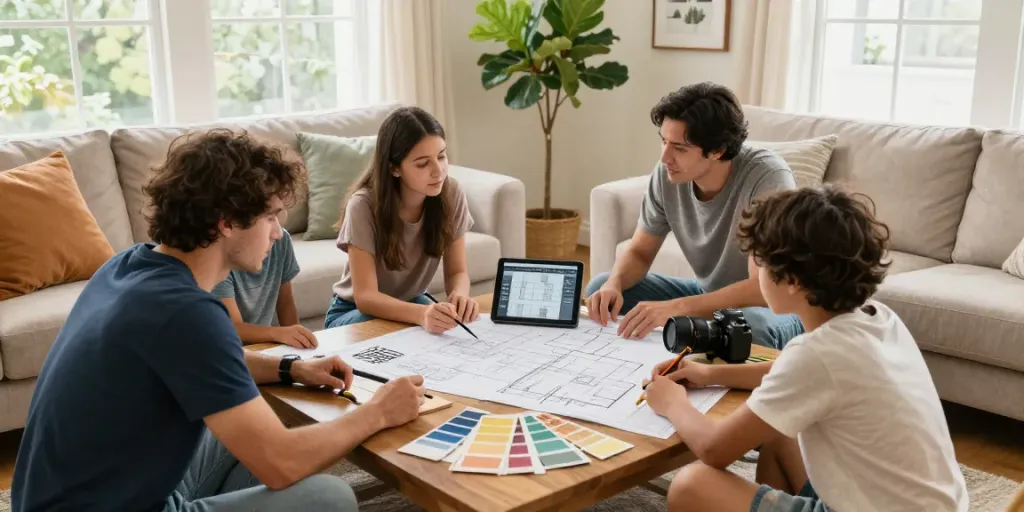 eigenheim-blog.com: Familie bespricht Renovierungsideen im gemütlichen Wohnzimmer.