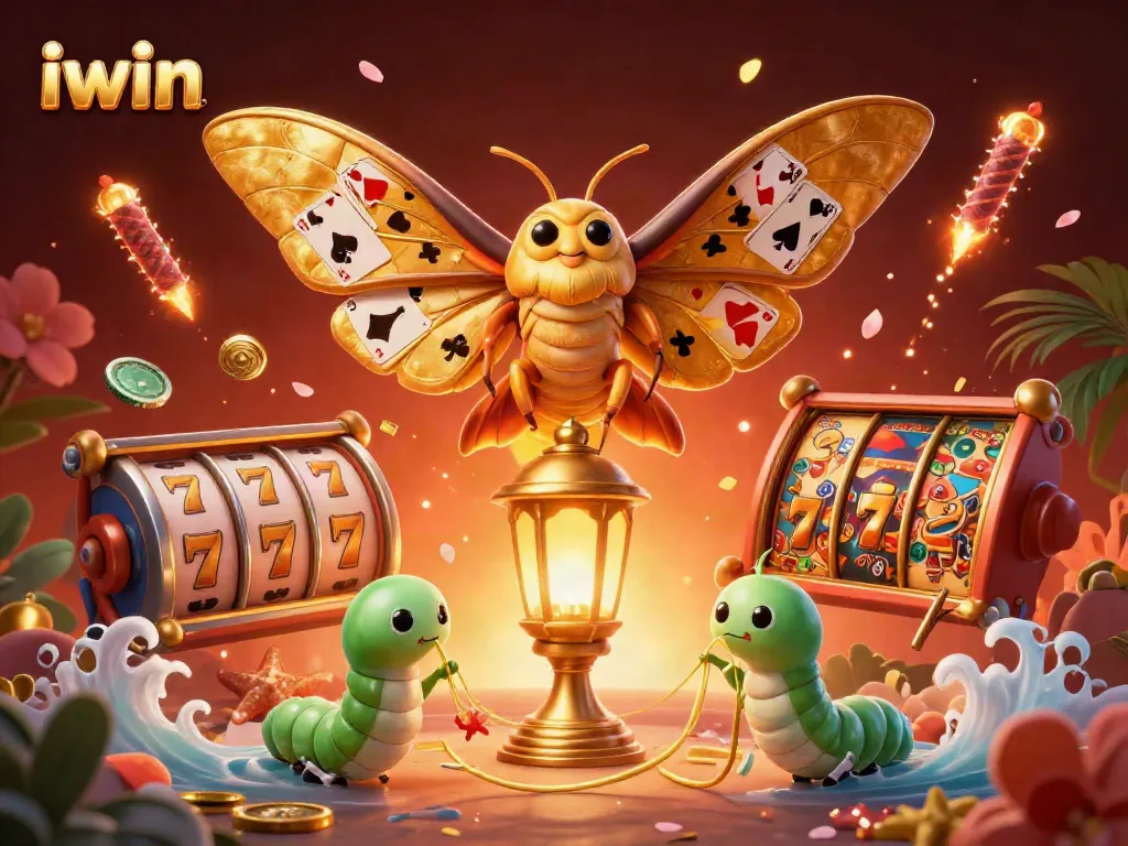 iwin showcases a vibrant casino scene with a golden atlas moth alongside dynamic slot game elements.