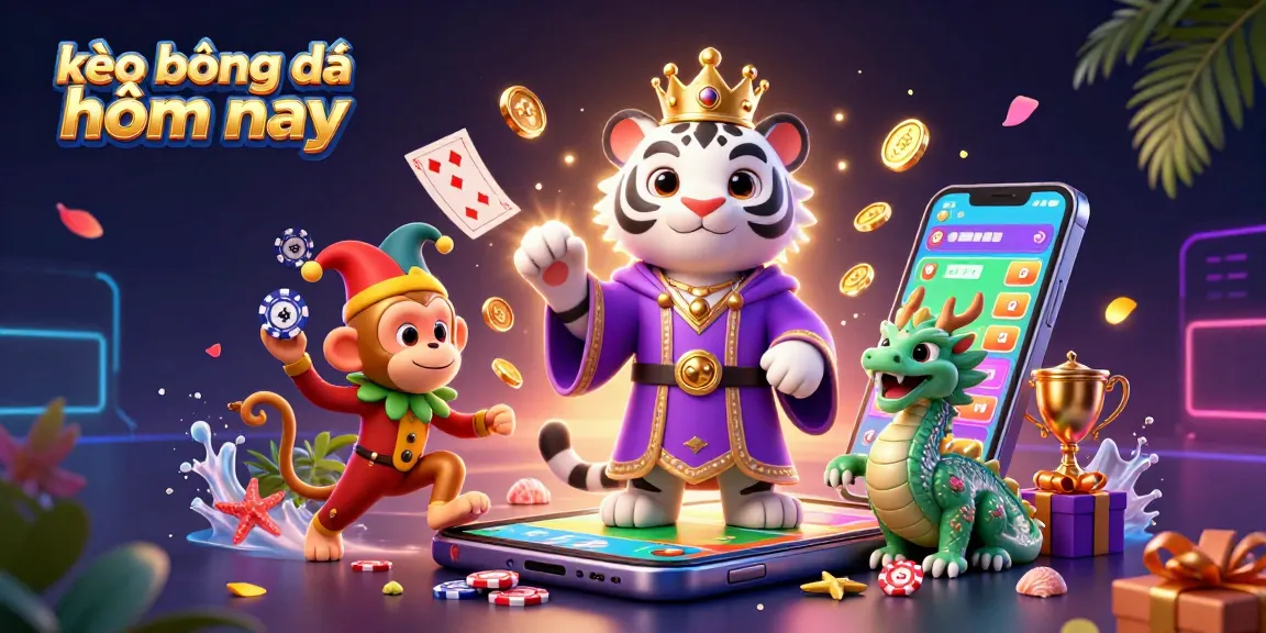 Bet on kèo bóng đá hôm nay with a vibrant illustration featuring a royal tiger, playful monkey, and betting elements.