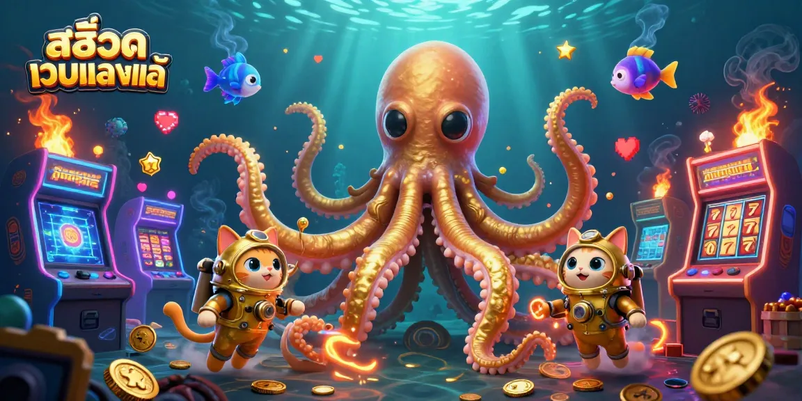 Engage with สล็อตเว็บตรงแท้ as you explore a vivid underwater casino scene featuring a kraken and diving cat.