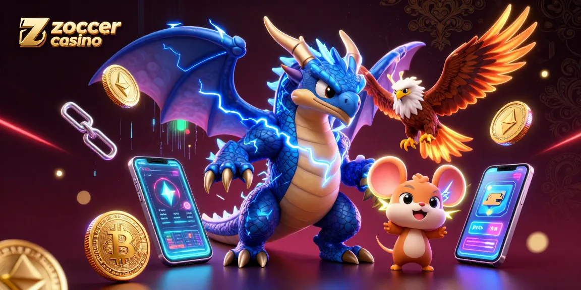 Engage with zoccer casino's thrilling experience featuring a dynamic 3D illustration with mythical characters and crypto themes.