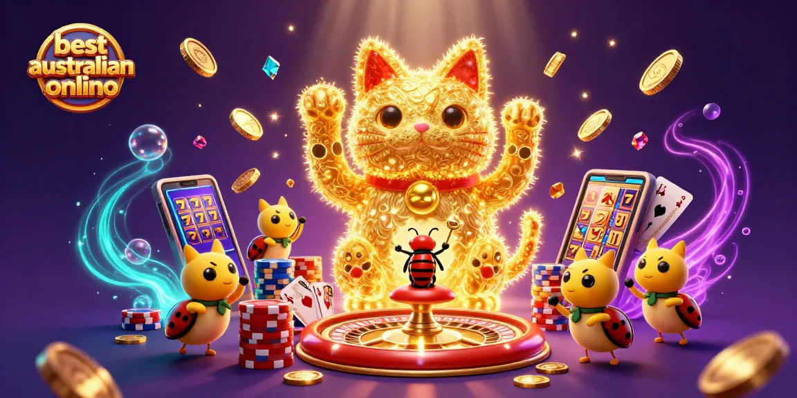 Engaging scene of best australian online casino with golden fireflies, lucky symbols, and vibrant casino elements.