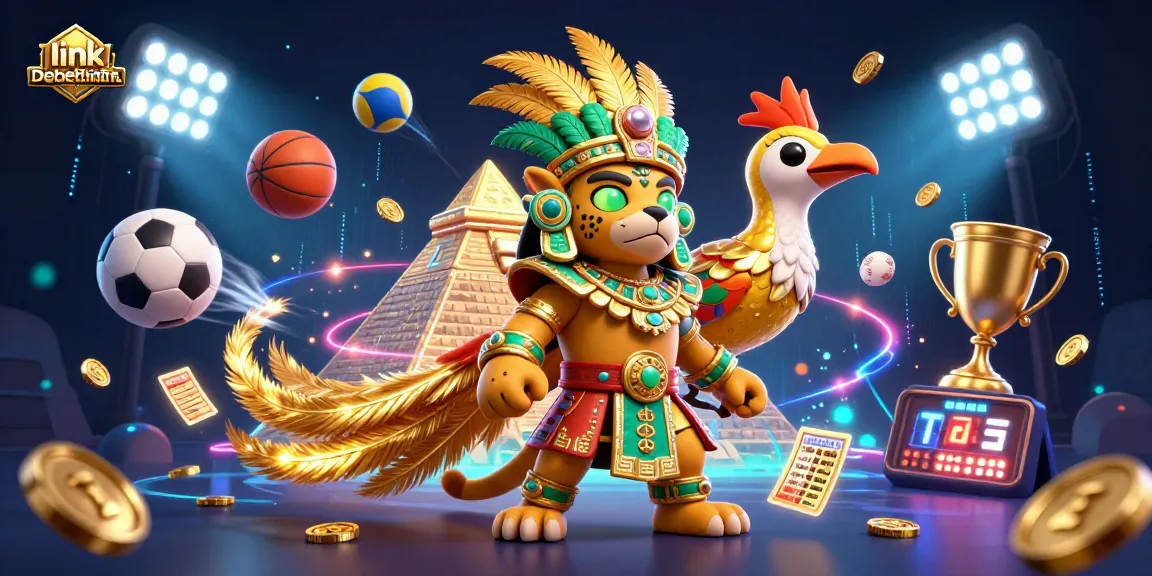 Engage with link Debet không chặn showcasing a vibrant Mayan jaguar priest and sports elements in a dynamic 3D scene.