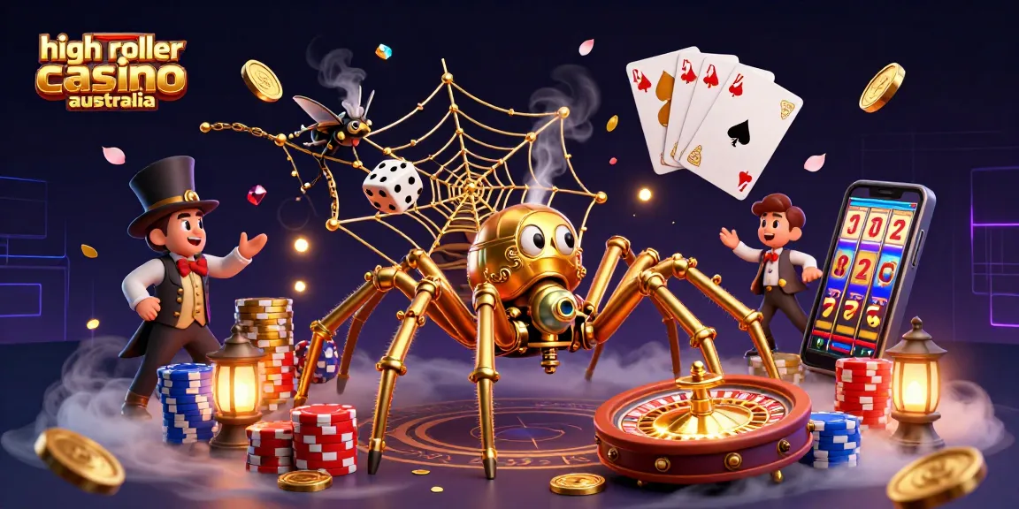 Experience the thrill of high roller casino australia with an exciting 3D scene of a golden spider and trapped fly amidst casino elements.