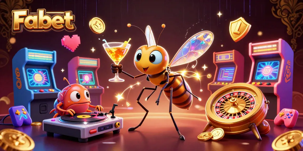 Fabet: Engage with a bustling scene of animated casino excitement featuring vibrant characters and gaming elements.